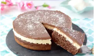 Deliziosa torta cocco e cioccolato con glassa lucida e cocco grattugiato. Una fetta è già servita.