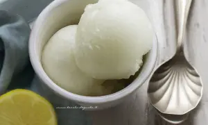Due palline di sorbetto al limone senza albume in una ciotola bianca, con una fetta di limone e un cucchiaio decorato accanto.